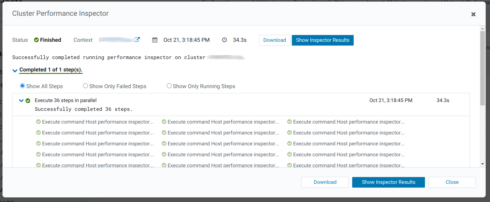 Successfully completed running performance inspector on cluster